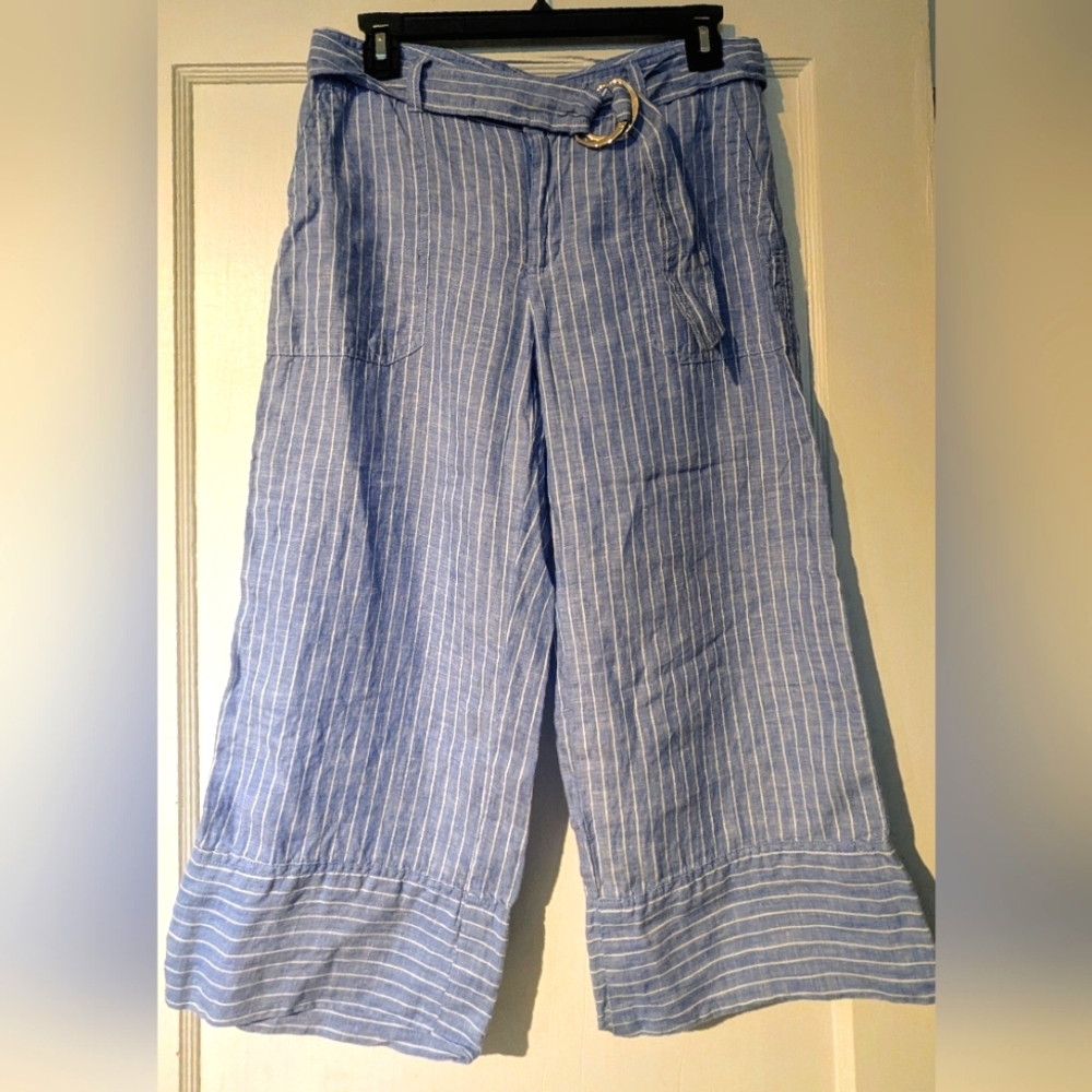 Lauren Ralph Lauren Blue White Cropped Striped Linen Wide Leg Belted Pants Sz 4P